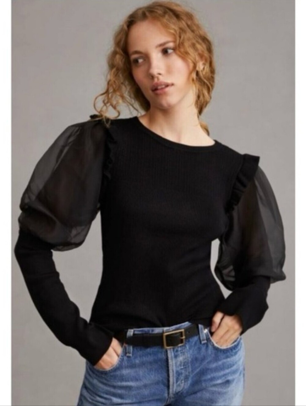 Design History Organza Puff Long Sleeve Top Women Black Knit Sweater Ruffle Sz S